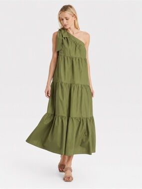 Who What Wear One-Shoulder Tiered Maxi Dress in Olive